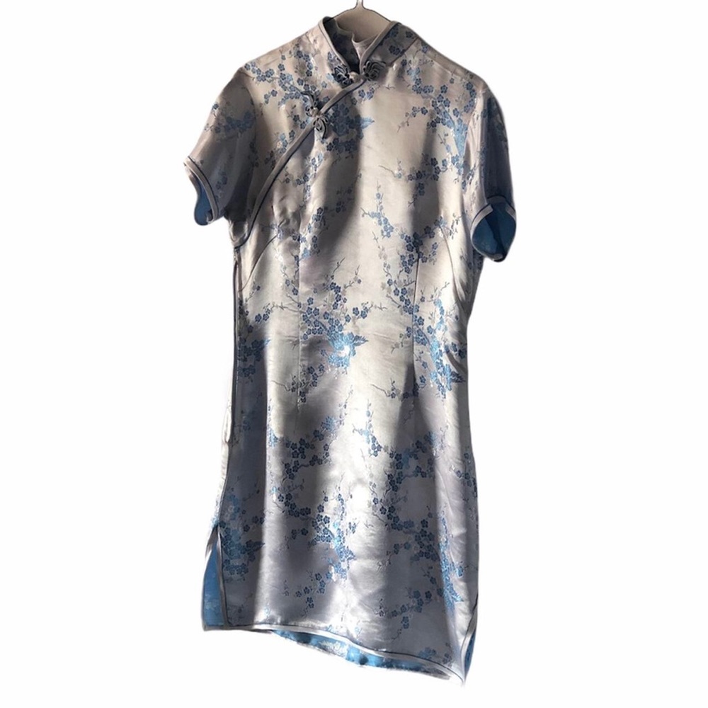 90s vintage qipao silk baby blue mini dress
